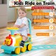 Kids ride-on train in blue with steering wheel, 16 tracks, and features for safe indoor and outdoor fun.